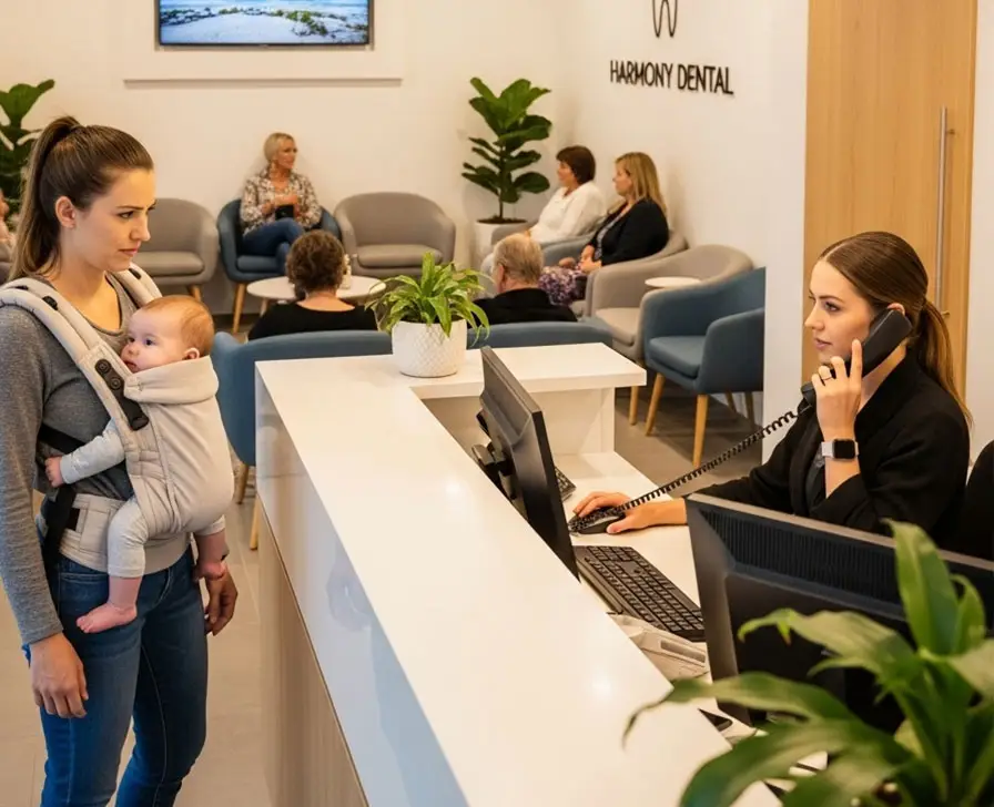 Australian dental practice reception before AI - Busy receptionist overwhelmed with phone calls while patients wait