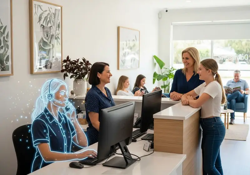 Australian dental practice reception desk with AI phone system managing patient appointments and calls automatically - Modern dental office with advanced technology integration