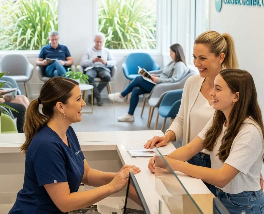 Australian dental practice reception after AI - Calm receptionist helping patients while AI handles phone calls automatically
